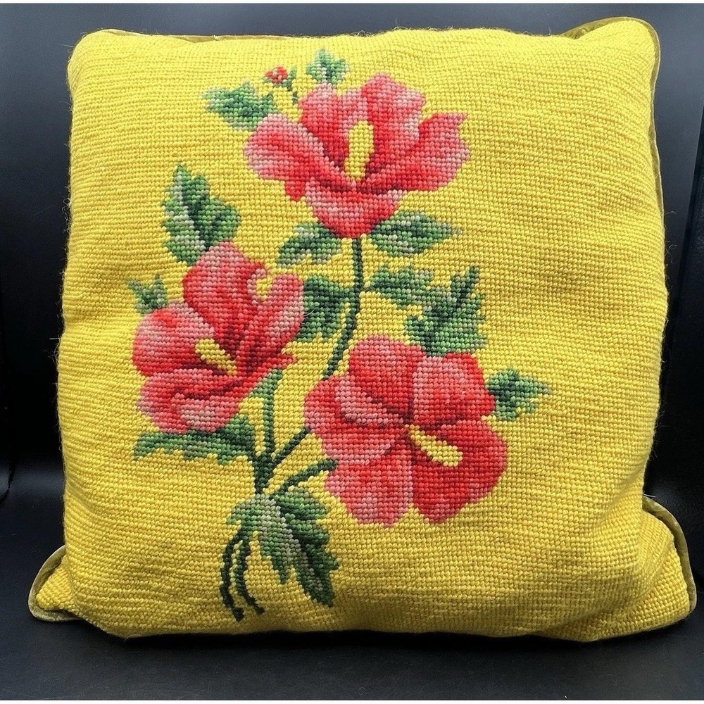 VTG Floral Tapestry Pillow Yellow w/ Bright flowers Needlepoint 15x15 Velvet Bck